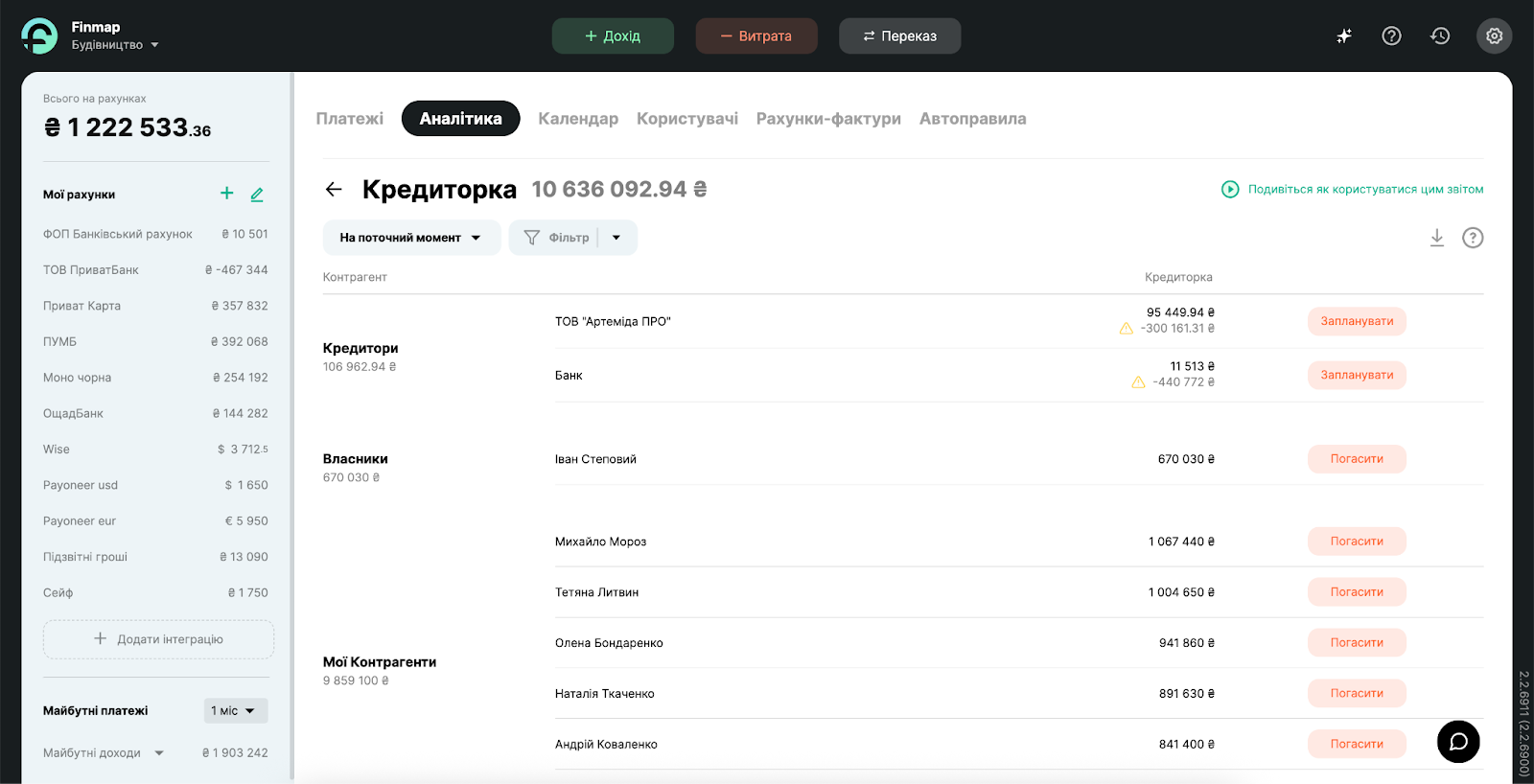 Звіти Дебіторка та Кредиторка в Finmap 