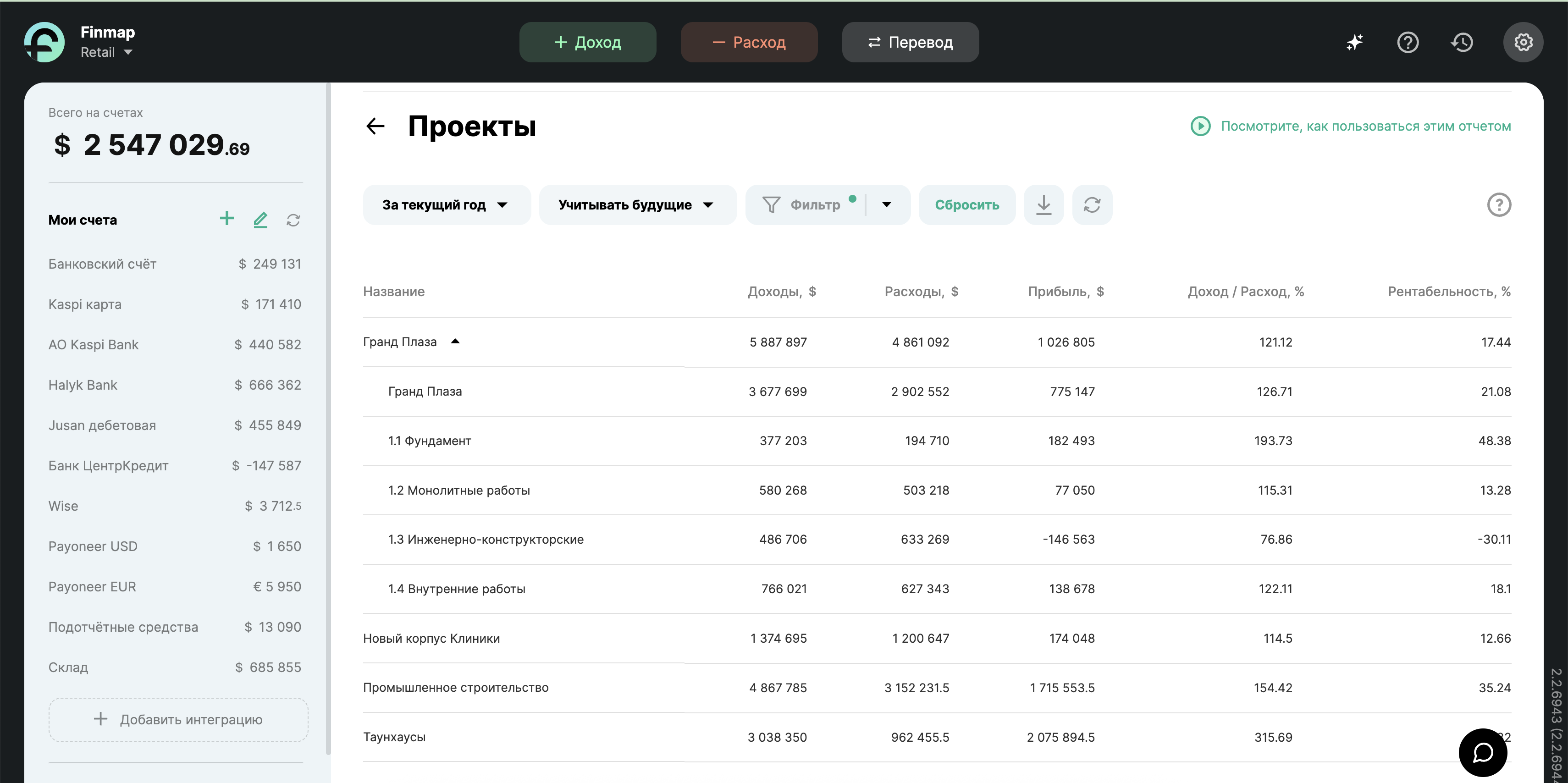 Отчет Проекты в Finmap