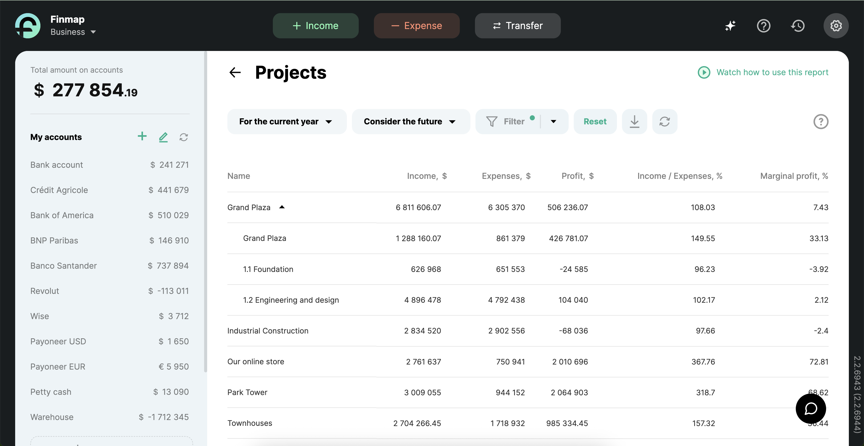 Projects report in Finmap