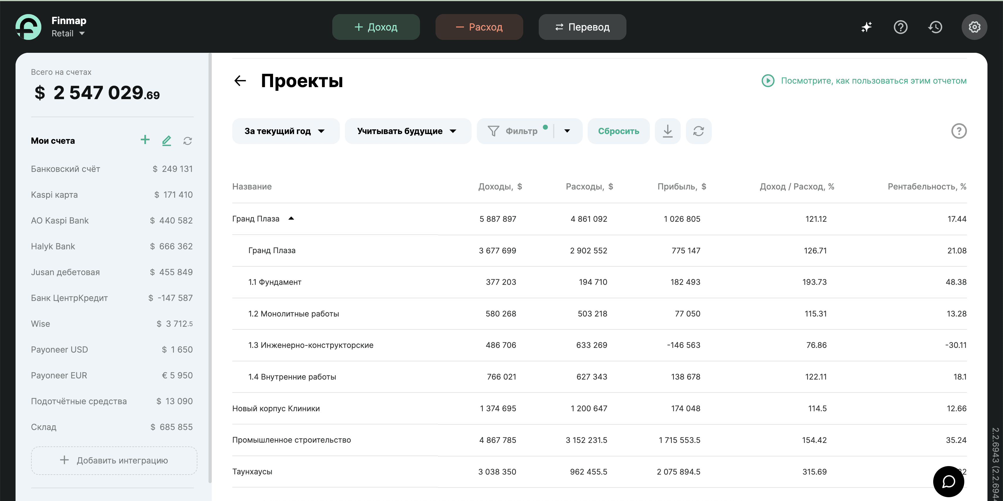 Отчет Проекты в Finmap