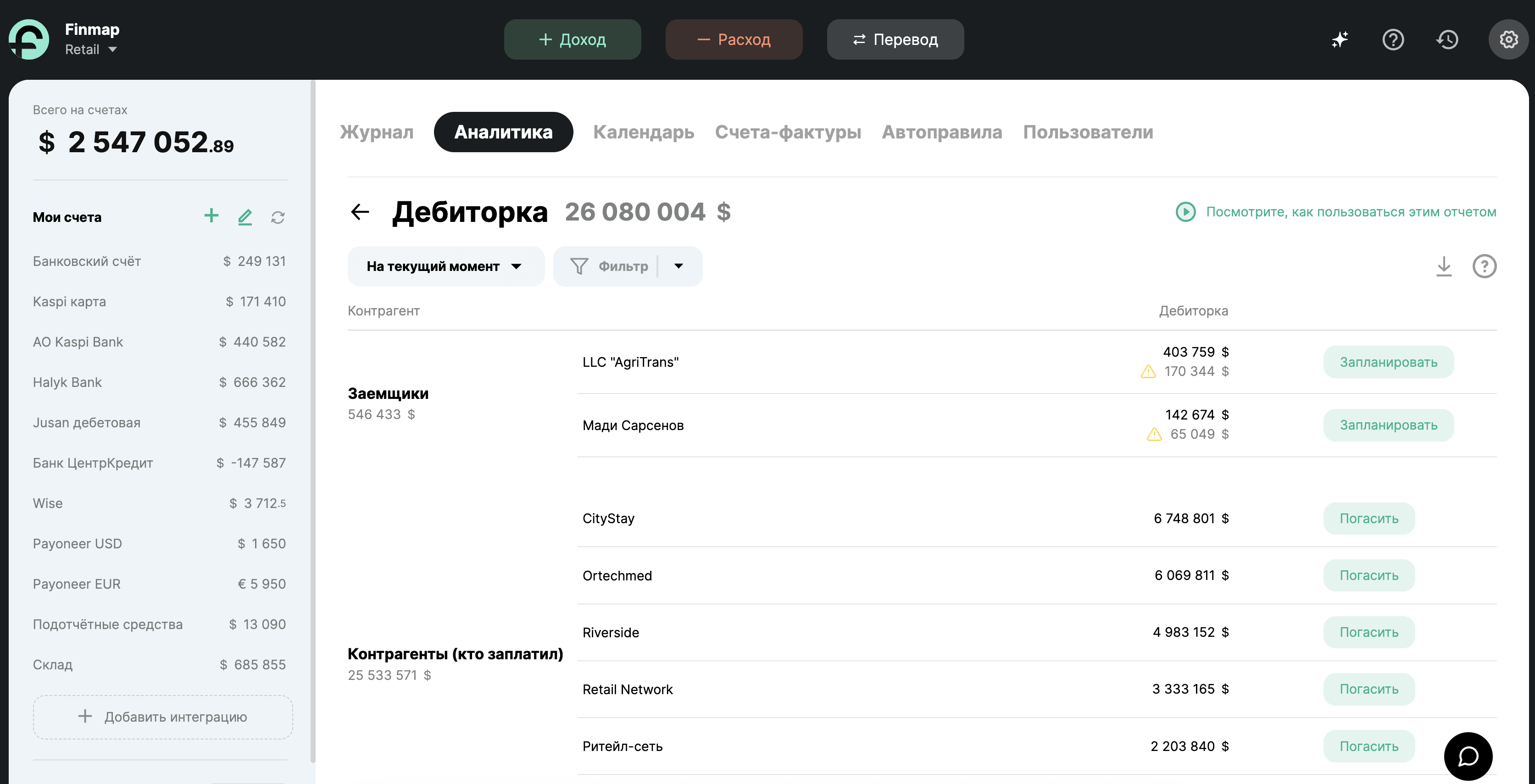 Отчеты по задолженностям в Finmap