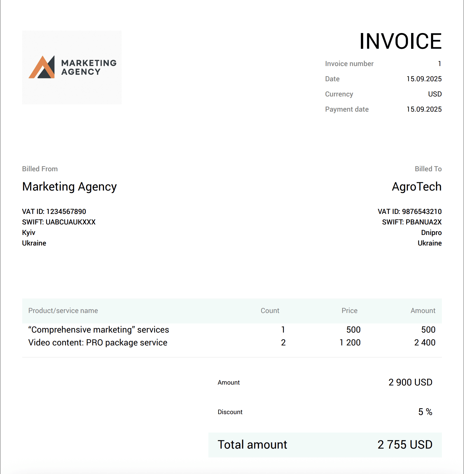 Example of an invoice created in Finmap