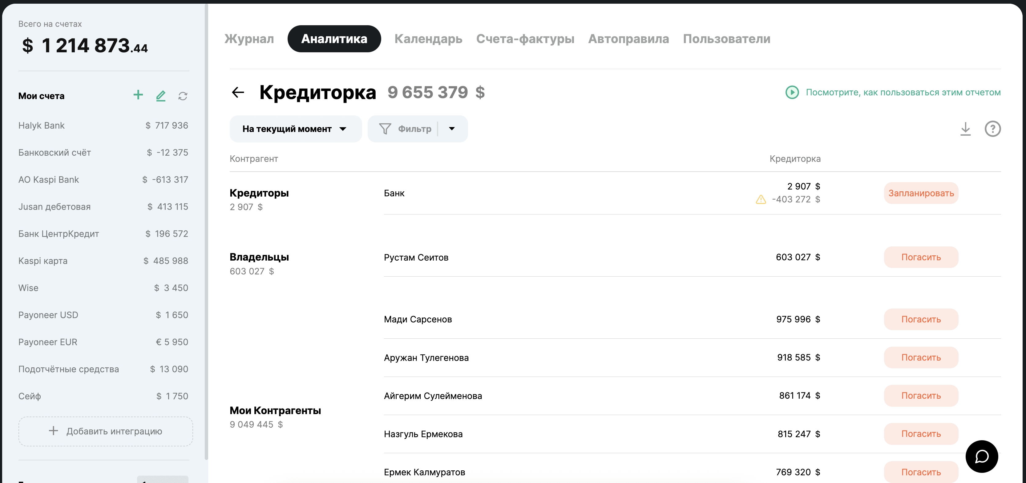 Пример отчета «Кредиторская задолженность» в Finmap