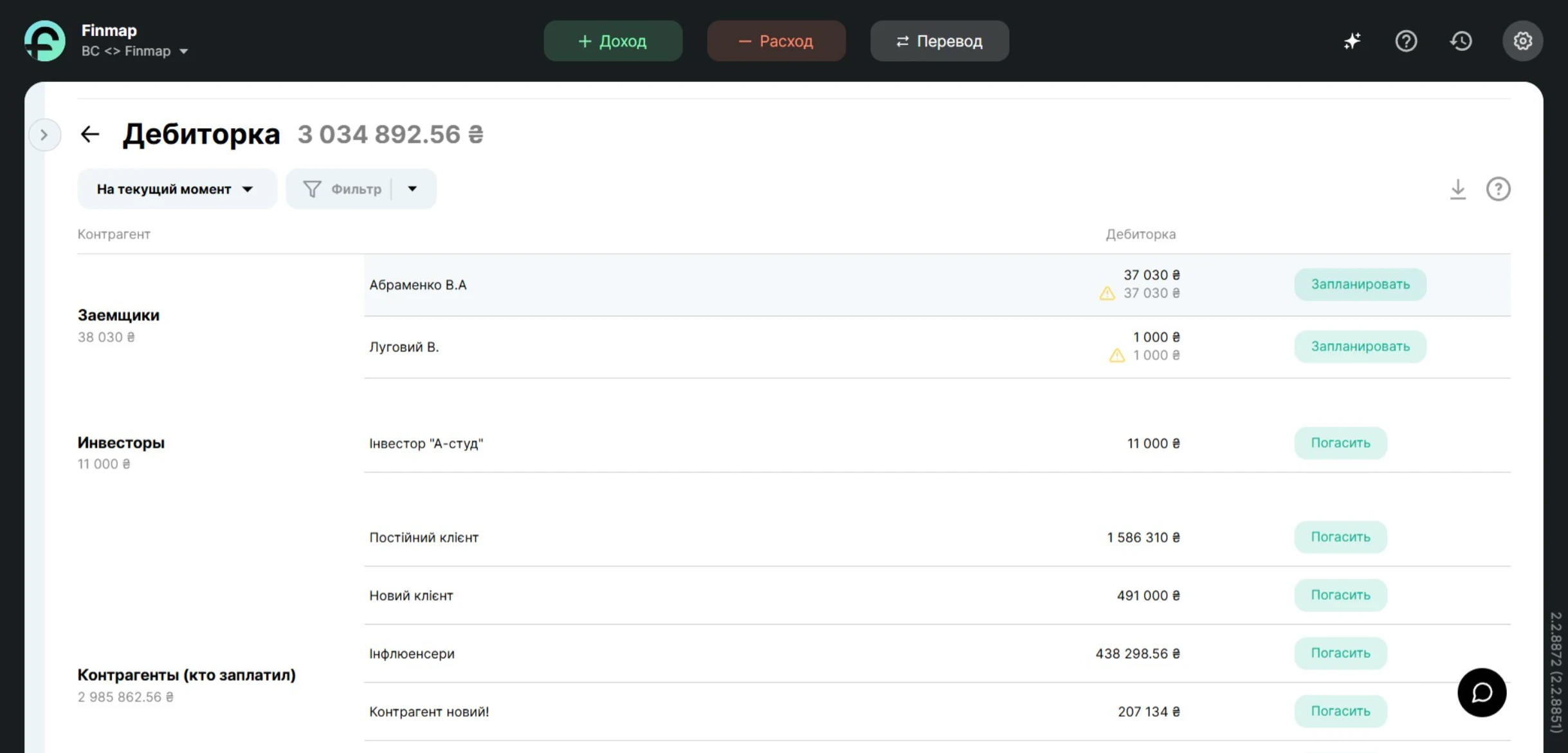Пример отчёта «Дебиторка» в Finmap