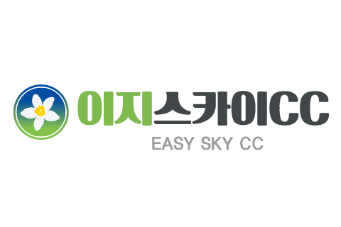 하얀 꽃이 있는 초록색과 파란색 원 로고 옆에 이지스카이CC 글자와 EASY SKY CC 텍스트.