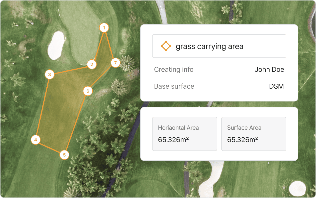 드론 시점의 골프 코스 잔디 사진과 함께, 특정 지역의 링 패턴이 현지 스트레스 신호임을 설명하는 안내 텍스트가 표시되어 있음.