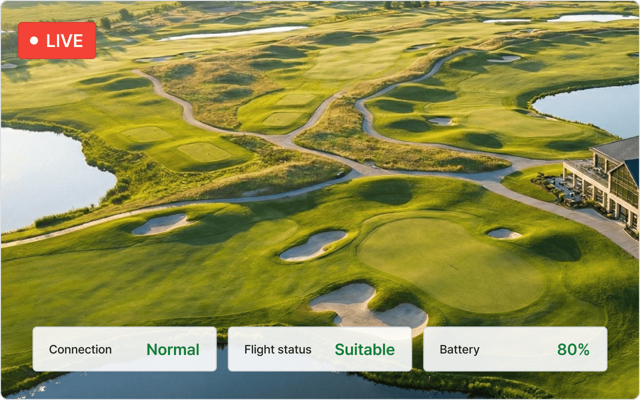 Directed image showing a live broadcast of a drone taking a golf course.