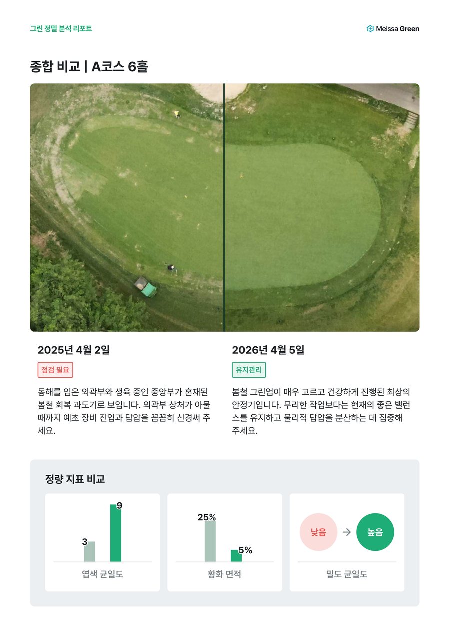A코스 6홀 그린의 종합 비교 리포트 페이지 — 2025년 4월과 2026년 4월 비교 사진과 상태 뱃지, 정량 지표 비교 차트