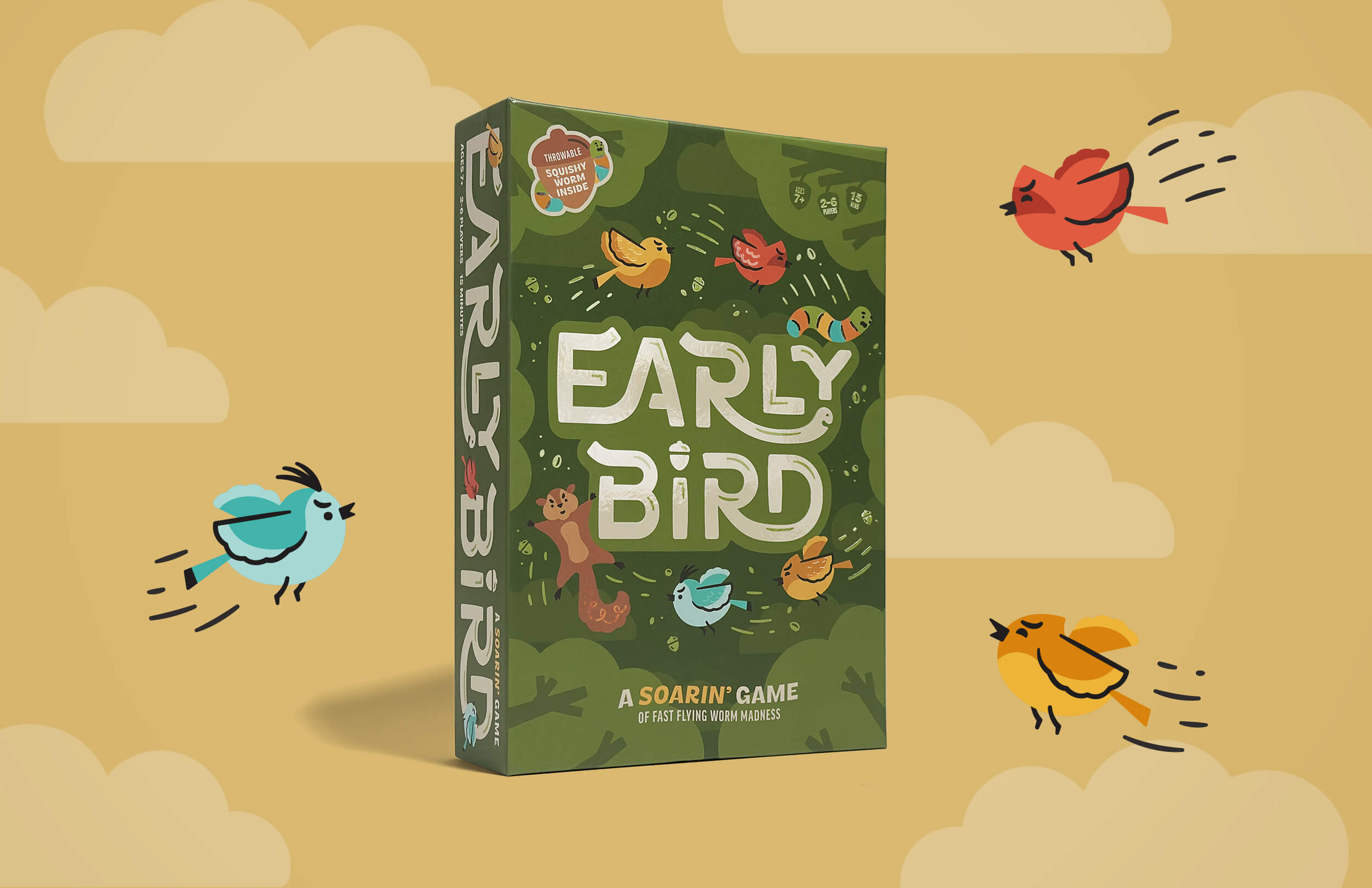 Early Bird board game box package with yellow with illustrated clouds and flying birds in the background