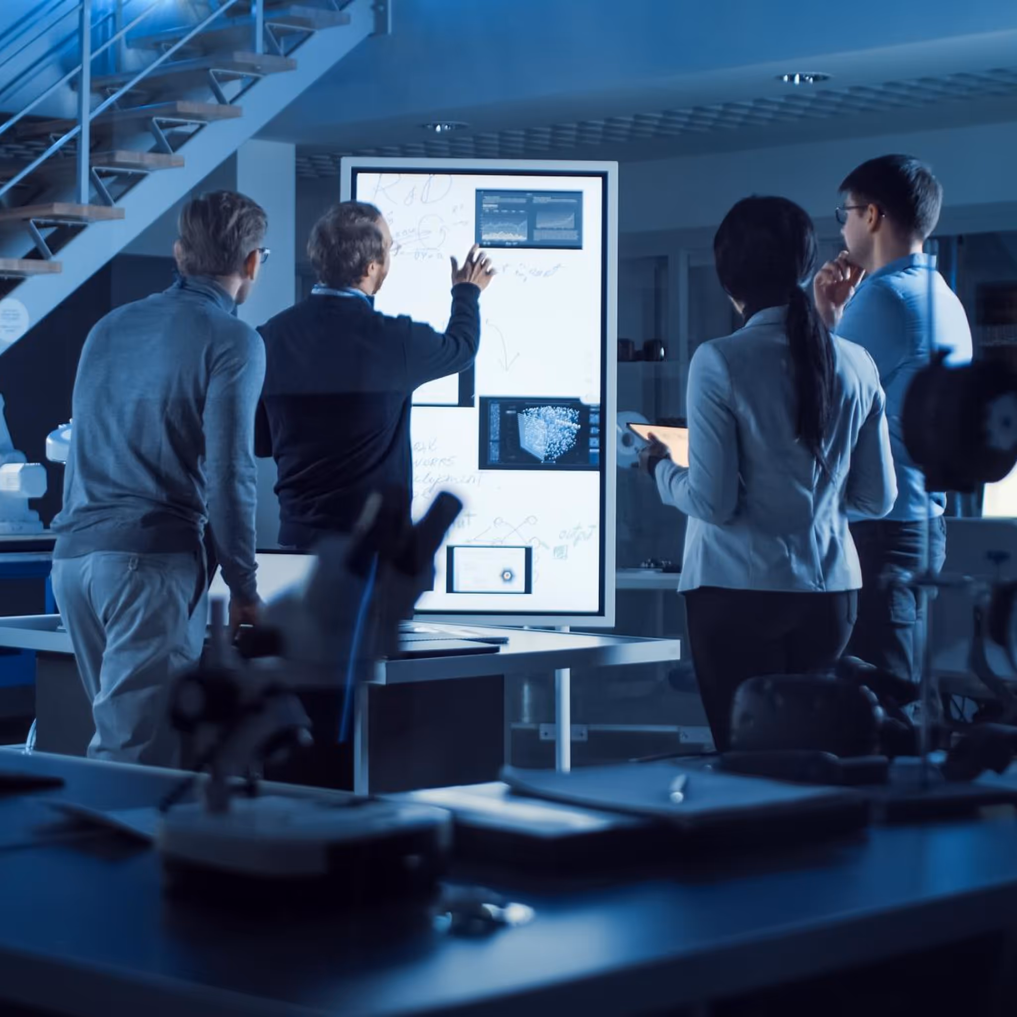 Group of professionals engaged in a brainstorming session around a digital whiteboard, in a collaborative, high-tech workspace with scientific equipment.
