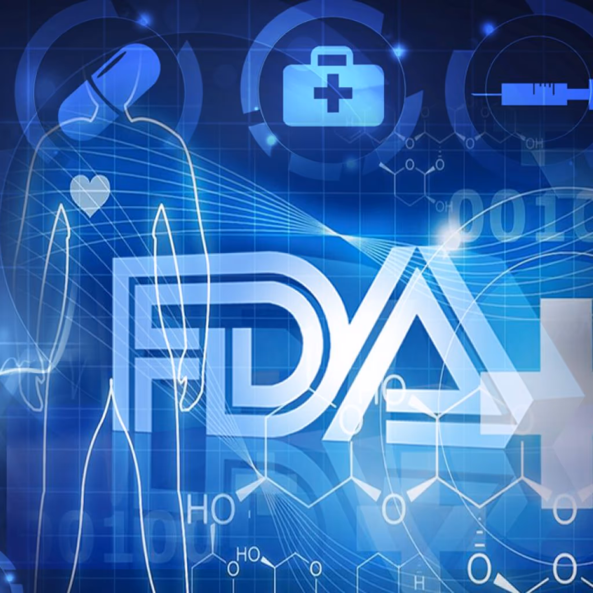 Modern illustration with "FDA" letters, a stylized human outline, and health-related icons, emphasizing technology and medical regulation.