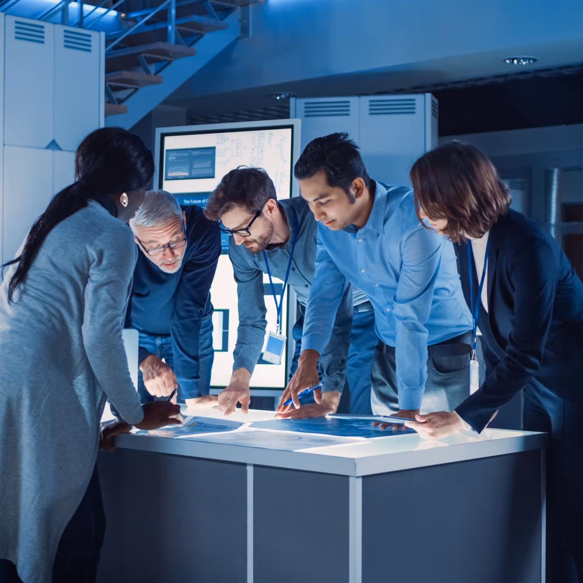 Team of professionals leaning over documents on a glowing table, brainstorming ideas in a stylish, well-lit meeting space.