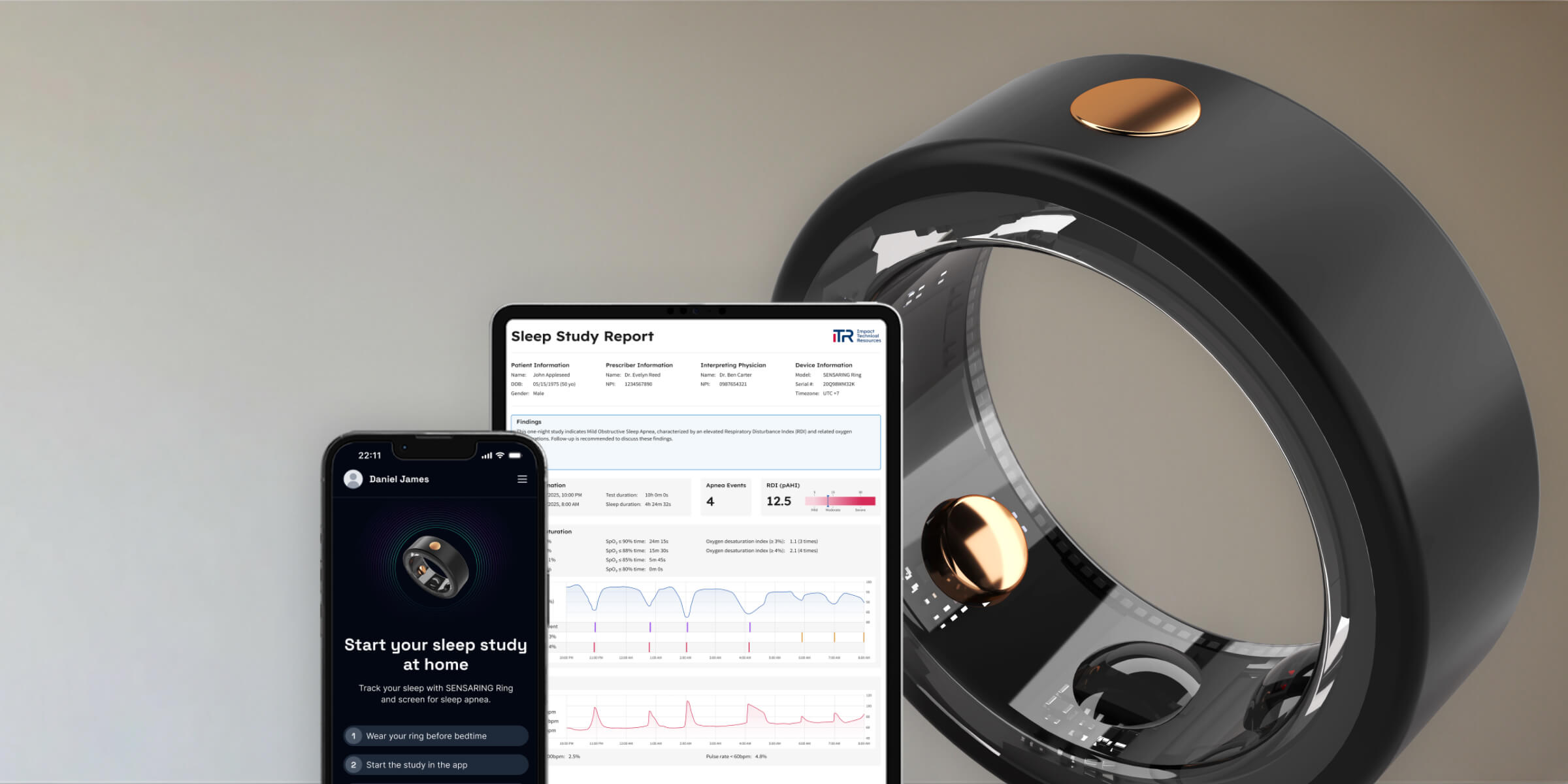Smart ring device with mobile app displaying sleep study instructions and tablet showing a detailed sleep study report.
