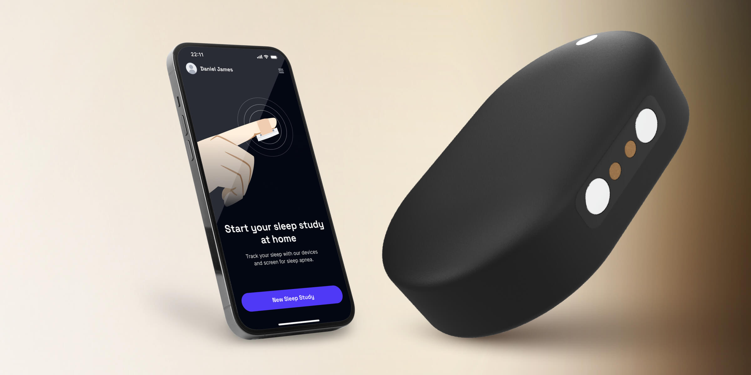 Smartphone showing app interface for starting a sleep study at home alongside a black wearable sleep tracking device.