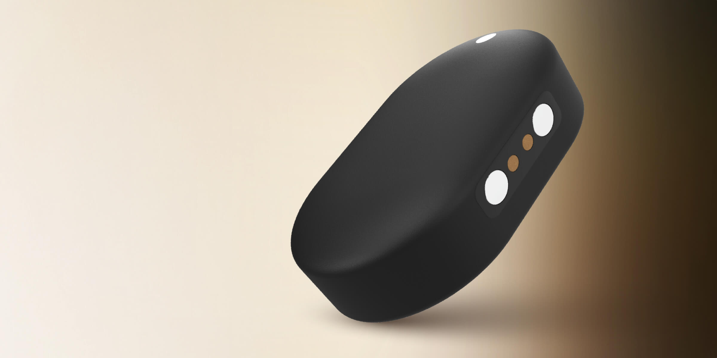Black fitness or health tracking device with two white circular sensors and three small copper contacts on a beige to brown gradient background.