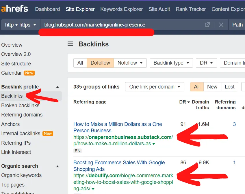 Backlinks of the top ranking page on Ahrefs SEO tool