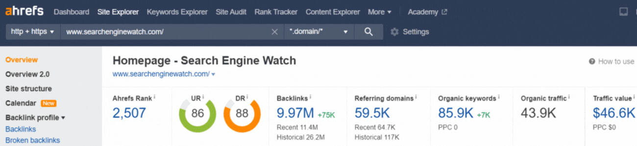 Total backlink view on Ahrefs