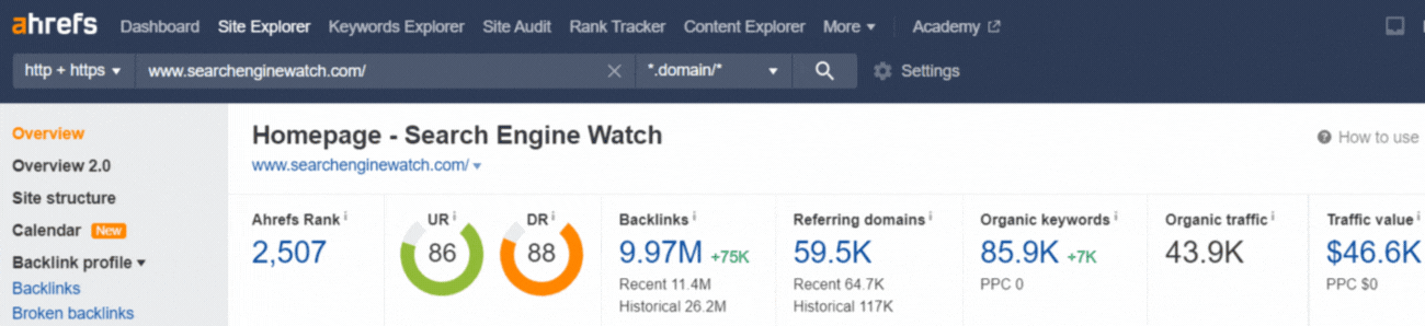 Referring domain view on Ahrefs