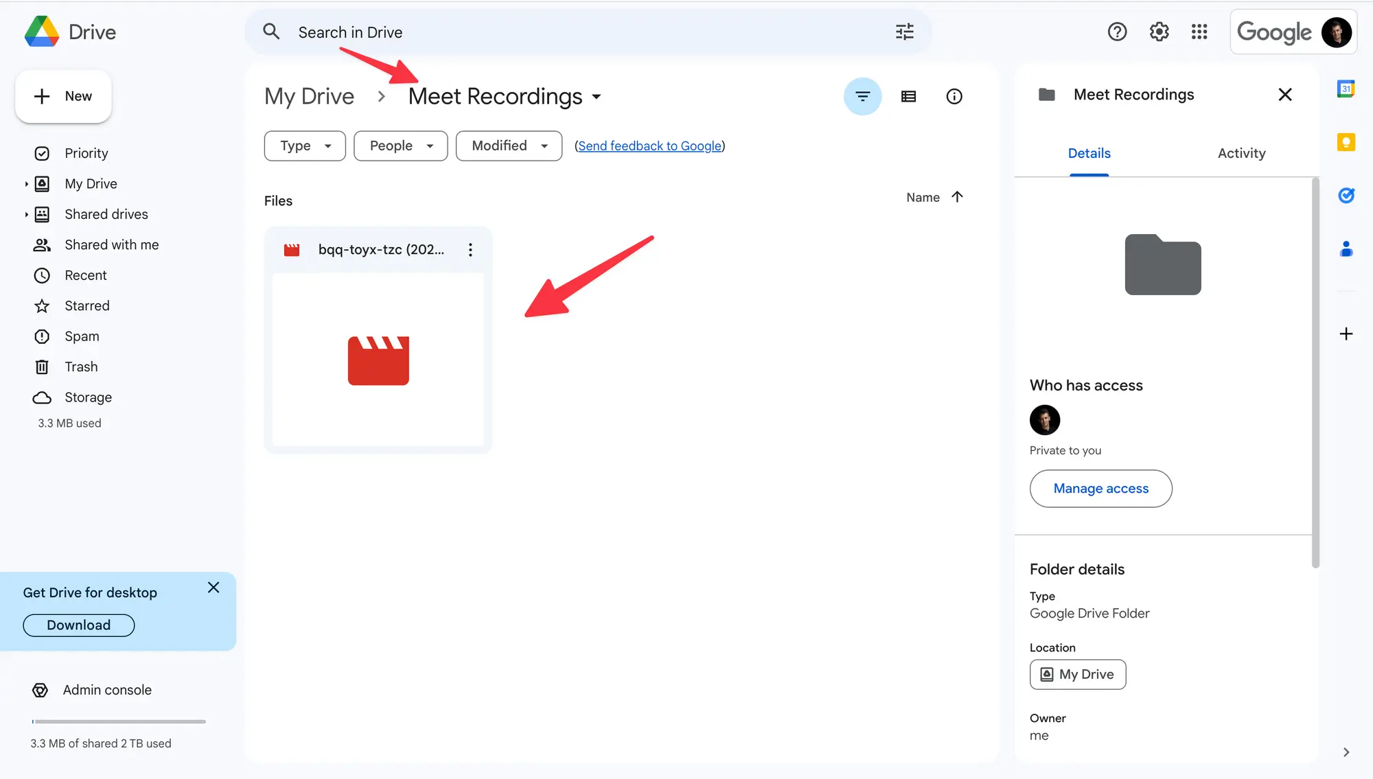 Google Meet recoding on Google Drive