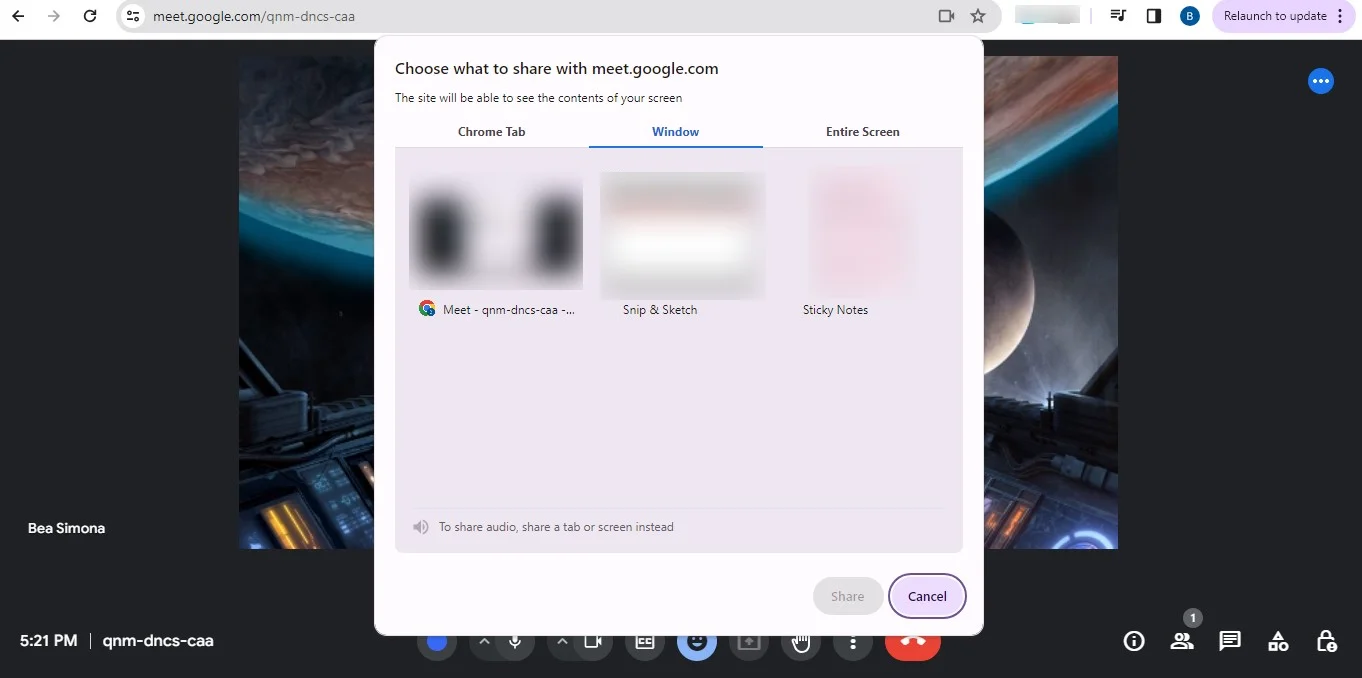 Screen sharing during a Google Meet call