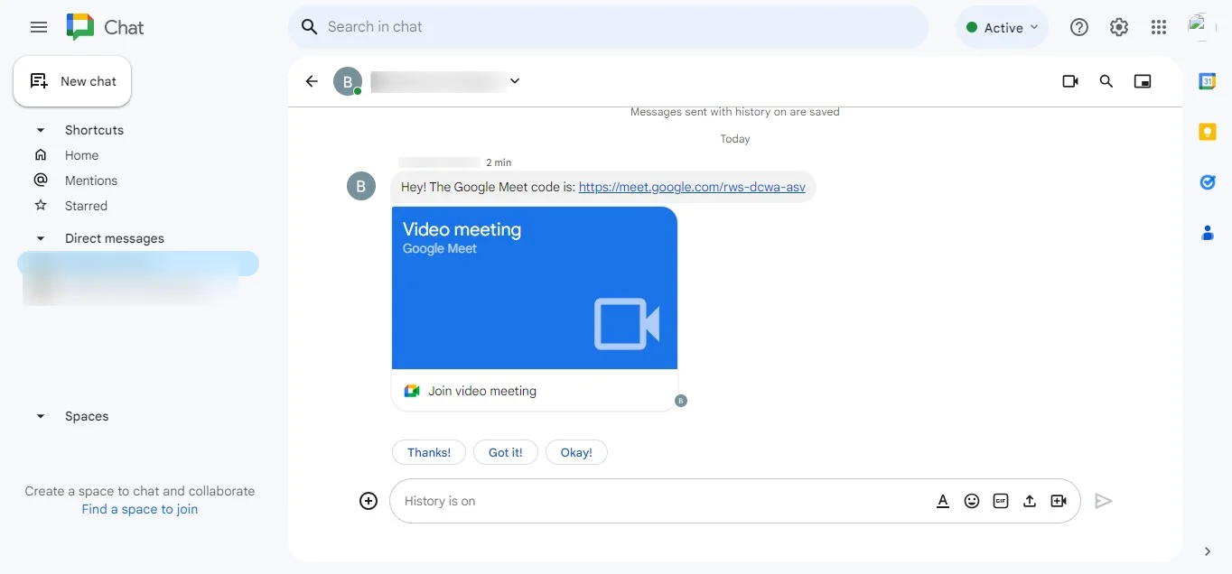 How to join a meeting using Meet code shared in Google Chat