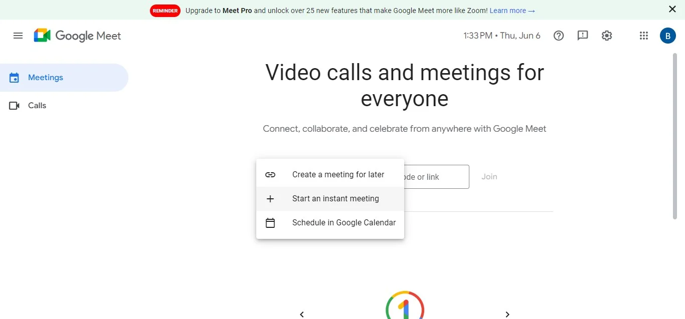 How to start a new instant meeting in Google Meet