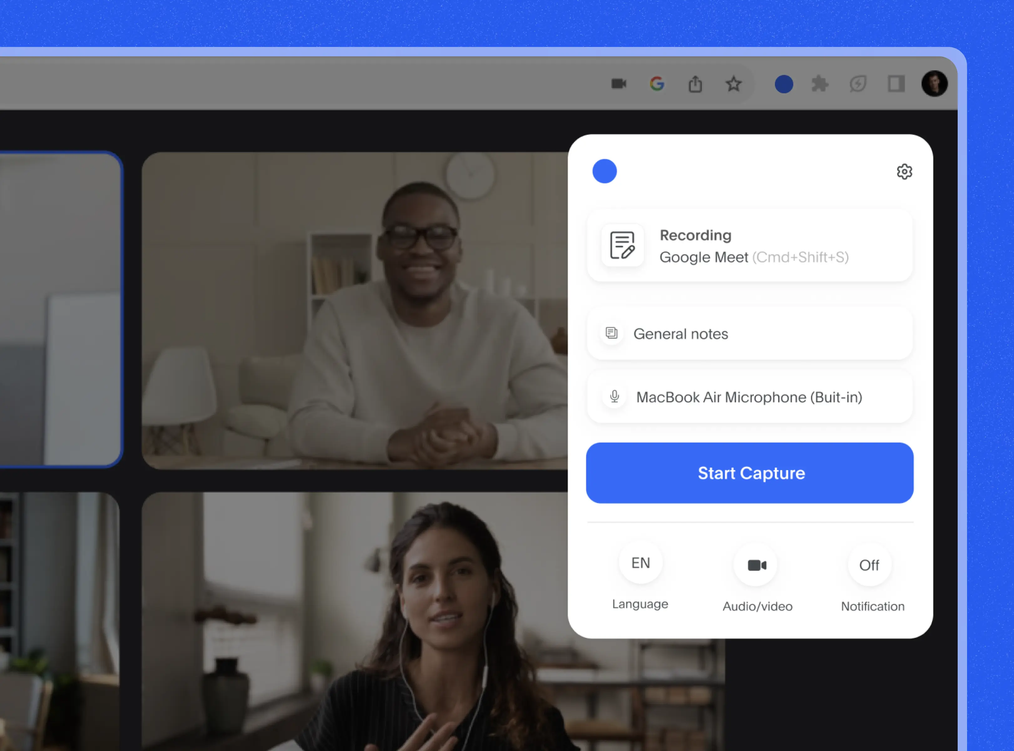 Tomador de notas discreto con IA para Google Meet, Zoom y Microsoft Teams.