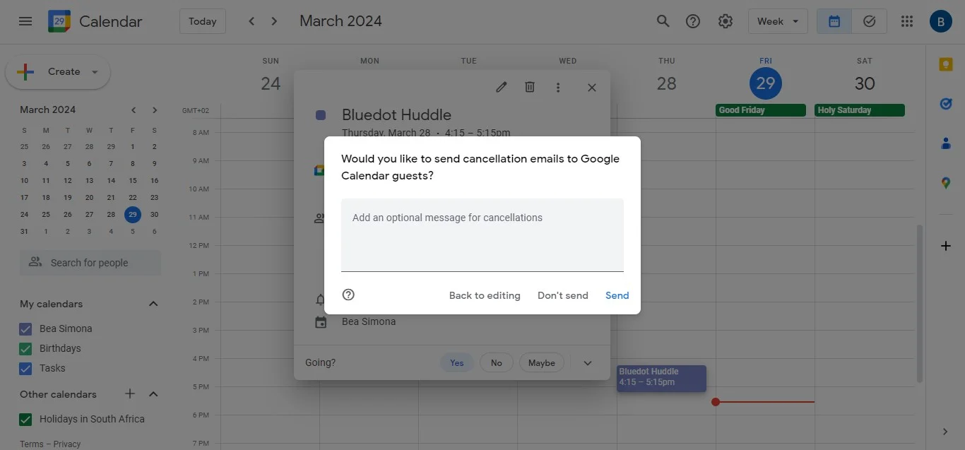 How to send a meeting cancellation email in Google Calendar