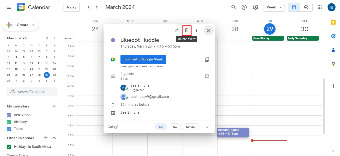 delete a meeting in Google Calendar