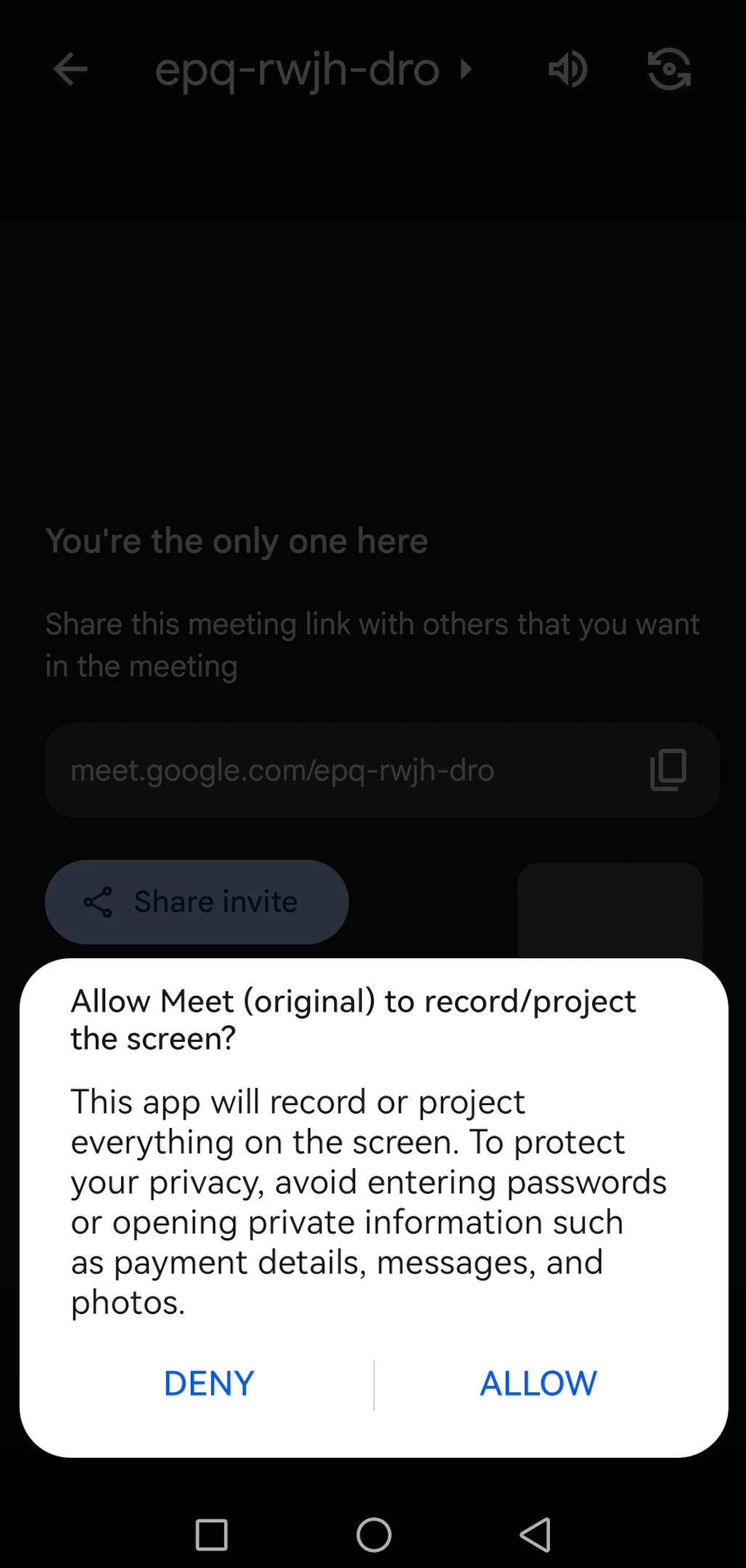 How to begin broadcasting Google Meet screen on a Mobile