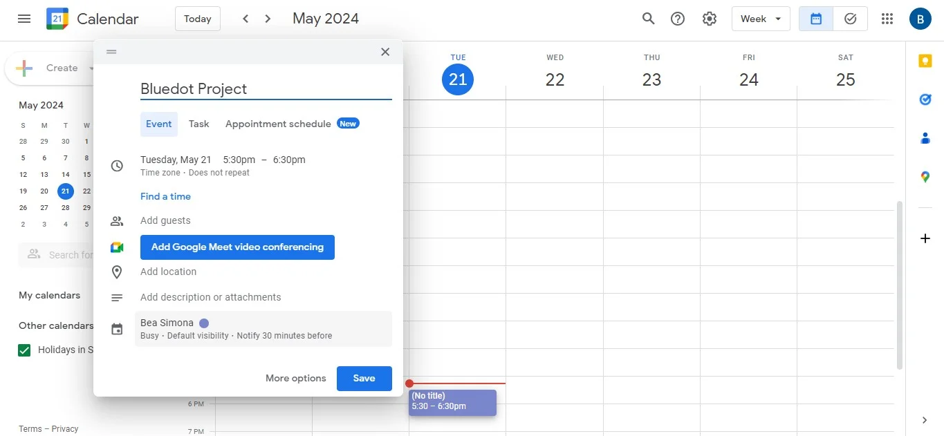 How to add meeting details to a Google Calendar event