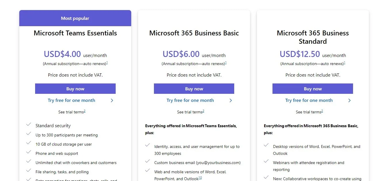 Microsoft Teams pricing plans