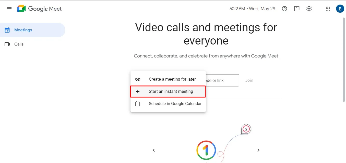 How to start an instant meeting in Google Meet