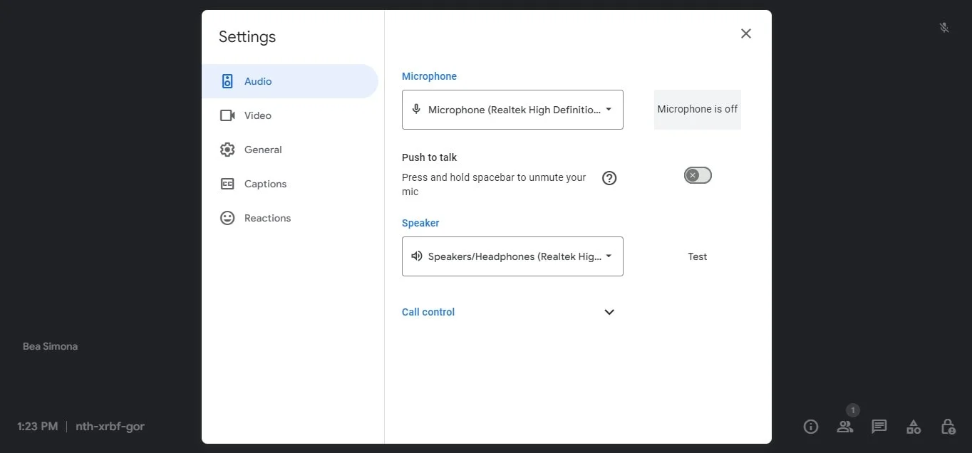 audio settings in Google Meet