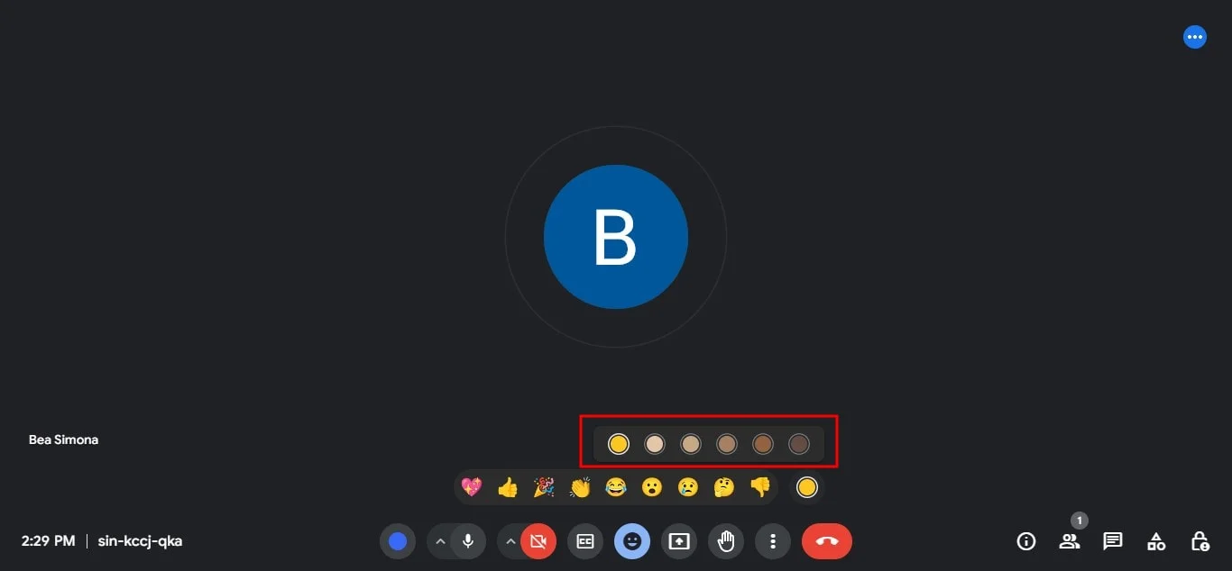 How to select emoji skin tone in Google Meet on laptop