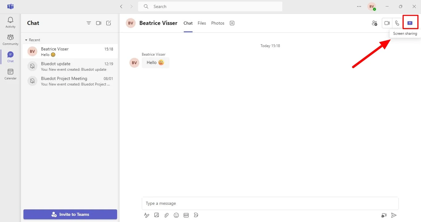 How to start sharing my screen In Microsoft Teams chat