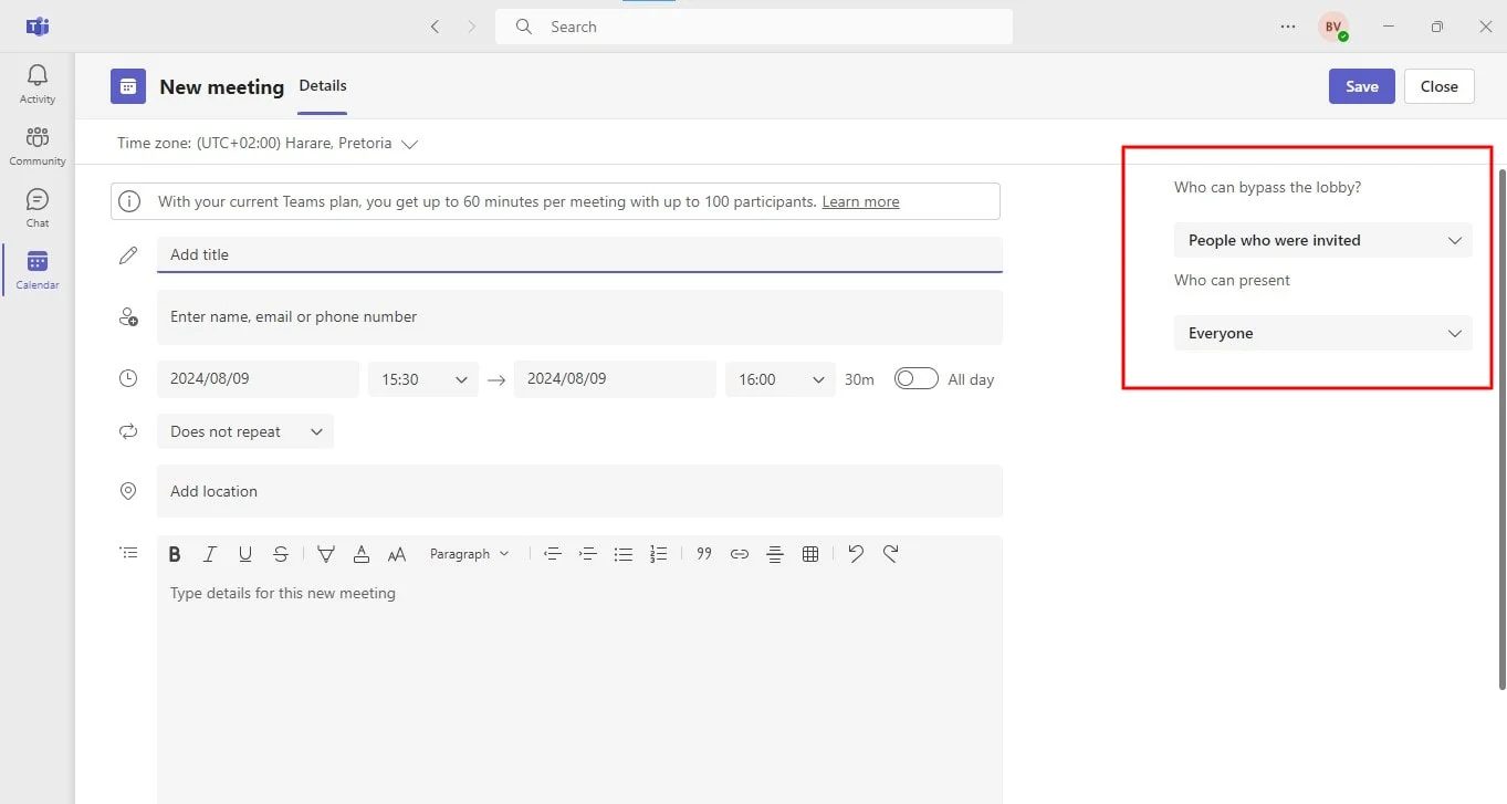 How to find Meeting Options in Teams calendar