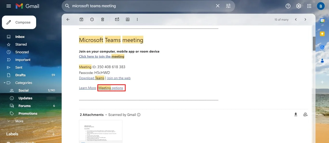 How to find Meeting Options in a Teams email invite