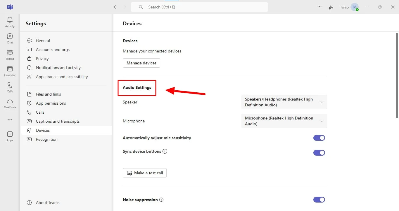 how to set up audio settings before a Teams test call