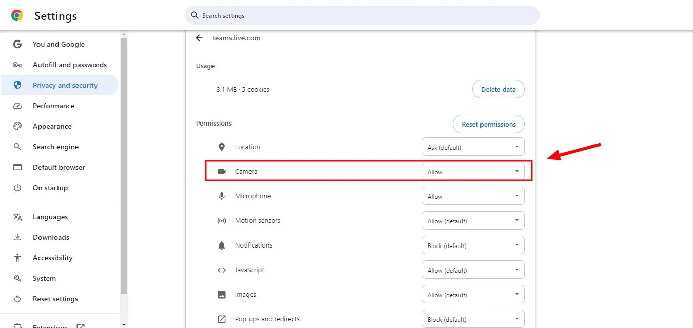 Chrome settings to camera access in Microsoft Teams