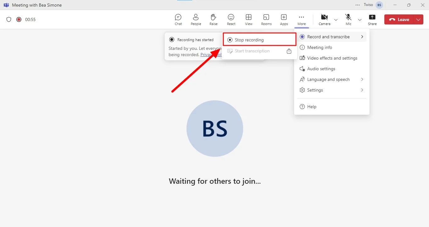 How to finish recording a Teams meeting