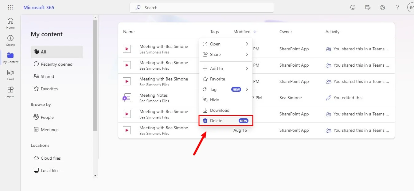 How to delete a Teams meeting file