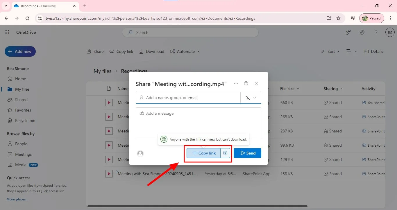 How to share a Teams meeting recording link via email