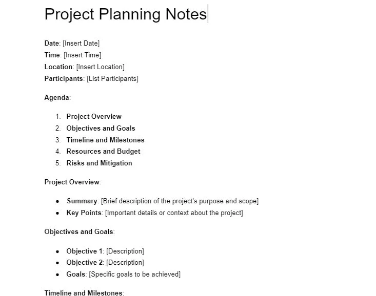 Project Planning Google Meet notes template