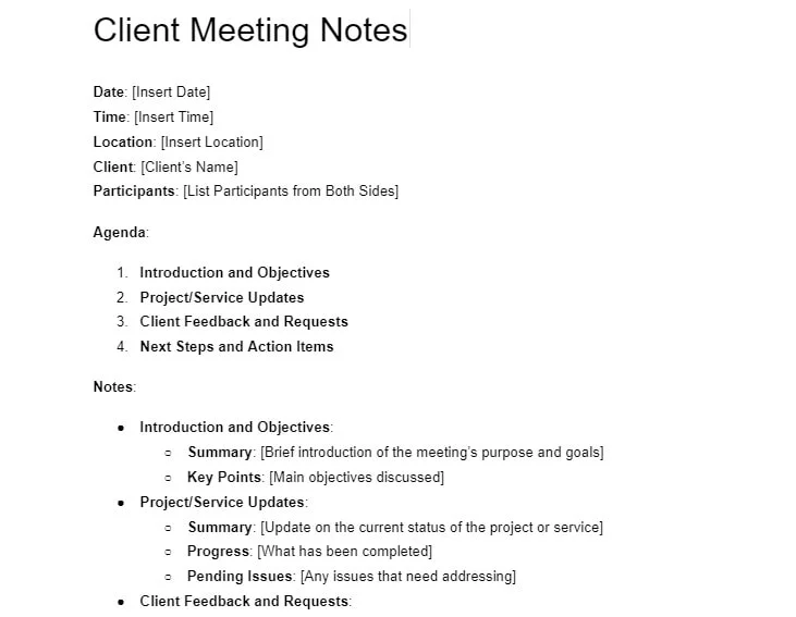 Client meeting Google Meet notes template