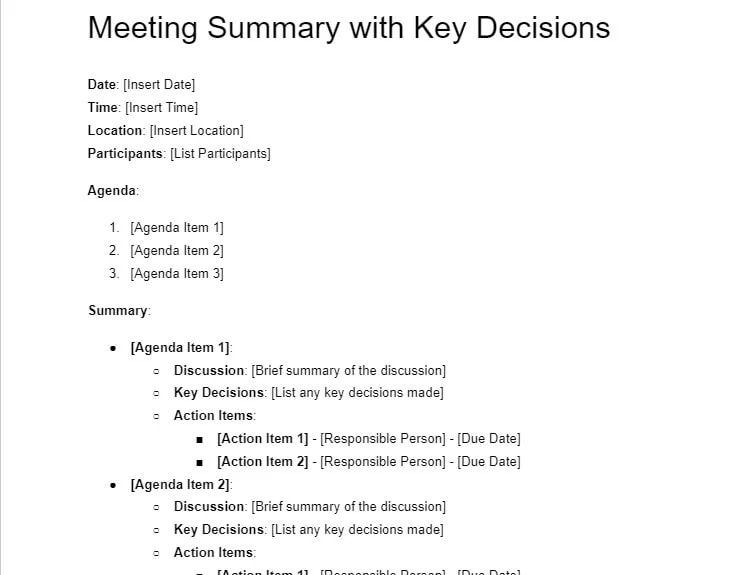 Meeting summary with key decisions Google Meet notes template