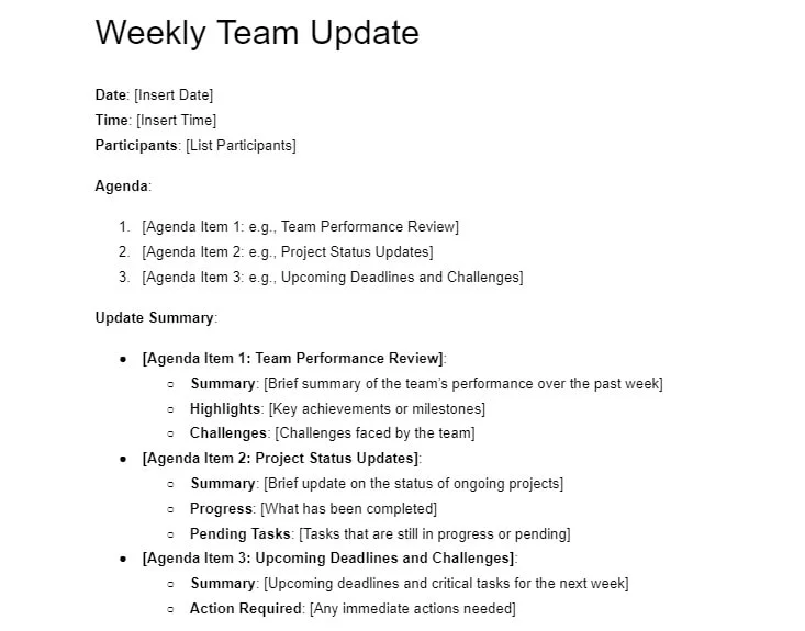 Weekly Team Update Google Meet notes template