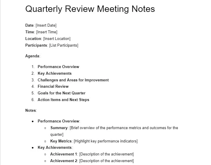 Quarterly review Google Meet notes template