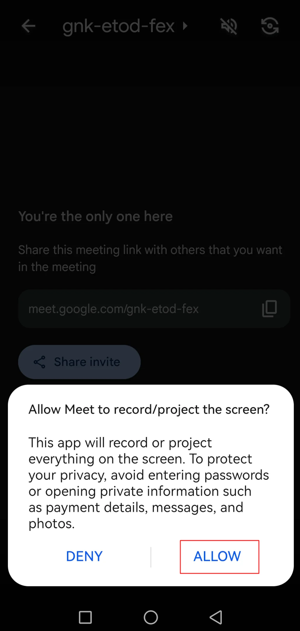 How to begin screen sharing during a meeting on a mobile