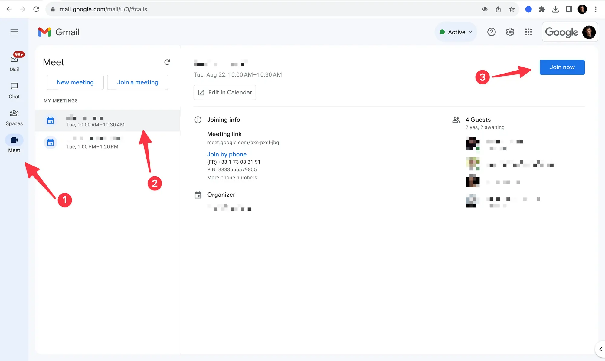 Join a Google Meet meeting directly from Gmail.